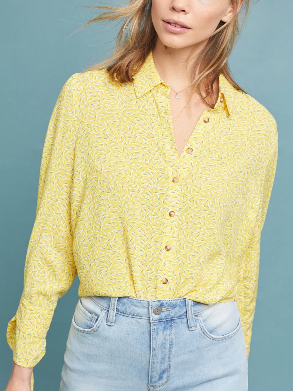 Maeve Anthropologie Yellow Printed Tie Cuff Button Down Blouse sz 2